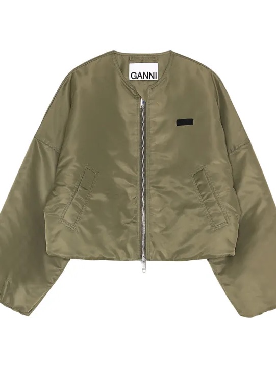 Ganni Olive Green Cropped Bomber Jacket